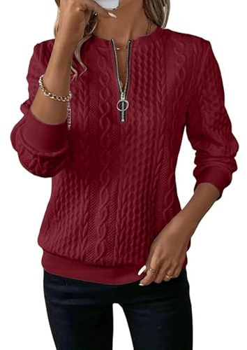 Sukiglam Tröja för kvinnor utan huva halv dragkedja V-ringning stickad långärmad tröja flätad elegant pullover ledig skjorta mode enfärgade baskläder toppar höst vinter