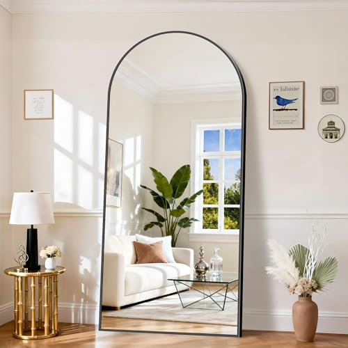 KOCUUY Bogen Standspiegel, 196 x 96 cm Großer Gewölbter Ganzkörperspiegel, Groß Wandspiegel mit Schwarz Aluminium Rahmen, Hängend, Stehend, Kippbar, für Wohnzimmer, Schlafzimmer und Flure