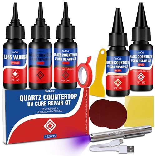 Quartz Countertop Repair Kit 4 Colours UV 30s Cure Chips Cracks Filler | Odourless fast filler for granite, marble, fibreglass, porcelain; repairs scratches, dents, nicks with UV & sealing varnish.