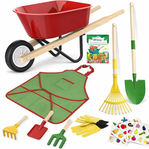Qtioucp Kids Gardening Wheelbarrow Set, Metal & Wooden Garden Tools for Kids Ages 3-8, Real Wheelbarrows with Apron, Gloves & STEM Guide, Outdoor Backyard Garden Toy Gift (Wheelbarrow Garden Set)
