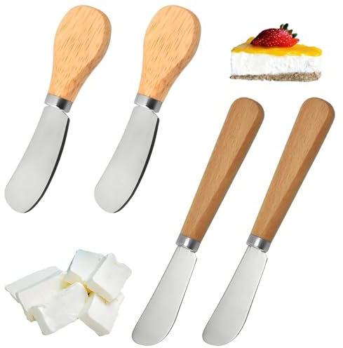 HAOXIZI 4 Pcs Butter Knife, Cheese Knife Set, Beechwood Handle Butters Knives, Stainless Steel Easy Spread Blade for Cold Butter, for Family Gathering Party, Halloween, Christmas