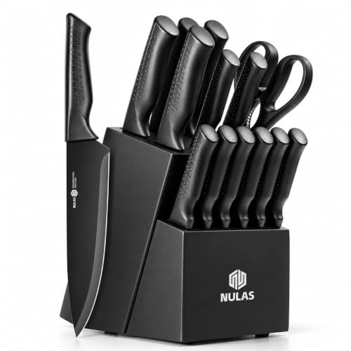 15-Piece Kitchen Knife Set with Block, Built-In Sharpener, Dishwasher Safe | Rust-Resistant Black-Coated German Stainless Steel Blades, 15° V-Shaped Edges, Ergonomic Non-Slip Handles, Black