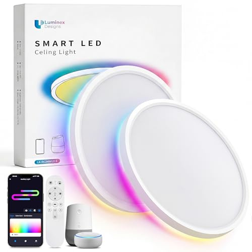 LuminexDesigns 2ER LED Deckenleuchte Dimmbar 24W, kompatibel mit Alexa | Smart Deckenlampe mit Fernbedienung & RGB-Hintergrundlicht, Tuya App Control, Musik Syn, Wasserdicht IP44, Ø30cm, OVIA LA24