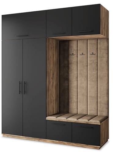 Masseno Flugarderoben Set Rema, Kleiderschrank-Set mit Sitzbank, Garderobenschrank Flur mit 5 Regalböden, Eiche Lefkas/Schwarz