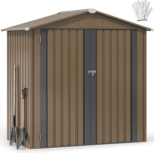 DWVO Metall Gerätehaus 6x4 Fuß (ca. 171x98x184 cm), wasserdichter Gartenschuppen mit abschließbarer Tür & Belüftung, Stabiler Werkzeugschuppen für Fahrräder, Rasenmäher & Gartengeräte –Braun