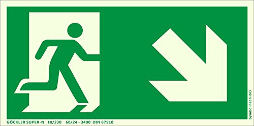 Notausgang Schild ISO 7010 gem. ASR A1.3, in 300x150 mm Aluminium Nachleuchtend selbstklebend SUPER-N, rechts-abwärts-Flucht-Rettungswegzeichen