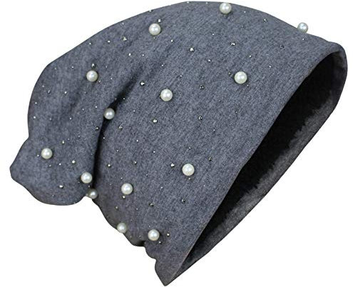 Damen Perle mit Teddyfleece Mütze Beanie Slouch Dunkelgrau