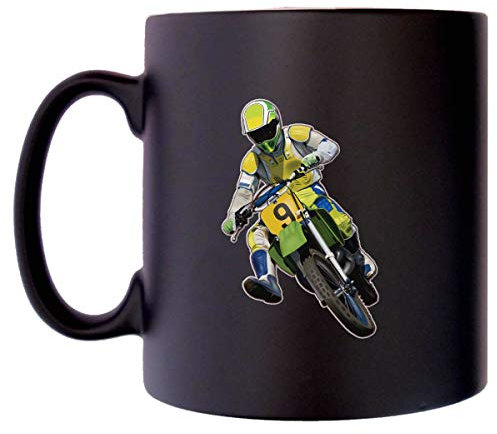 Klassek Motocross Single Rider Helmet Dirt Bike Racing Motor Sport Mug for Men Coffee Tea 10oz Black Satin Number Change Available