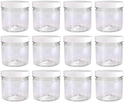 Pack of 12 Small Round 250ml Plastic Jars with White Lids by Britten & James. Perfect for Food Storage, Camping, Hardware Storage, Crafts and Slime Making