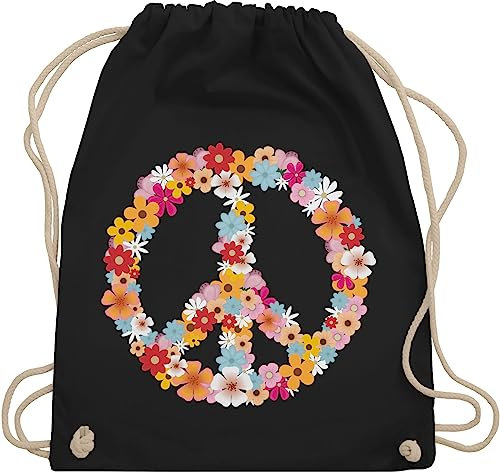 Turnbeutel Rucksack - Sprüche Statement - Peace Flower Power Hippie Peace Zeichen I Friedenszeichen I 90er I 70er - Unisize - Schwarz - festival turnsack mit aufschrift 90s beutel sportbeutel retro