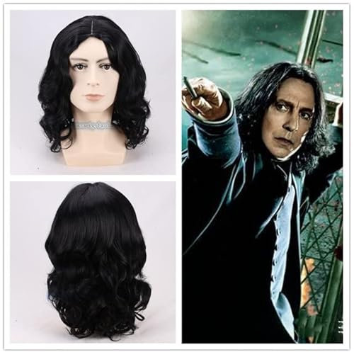 35cm Movie Severus Snape Black Wig Cosplay Professor Snape Curly Wig Halloween Role Play Hair Costumes + Wig Cap black