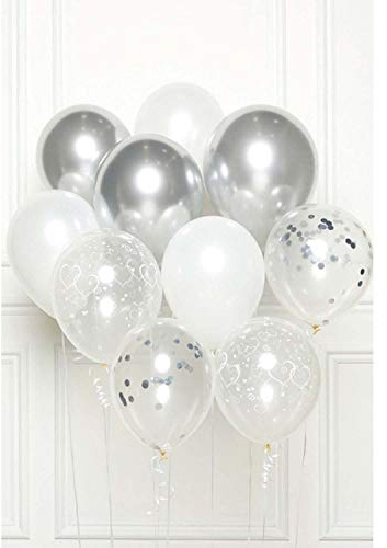 Amscan 9907426 - DIY Ballon-Set Wedding, 10 Luftballons aus Latex, silber, weiß, transparent, Dekoration für Geburtstag, Hochzeit, Silvester