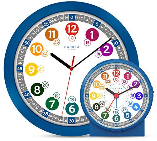 Cander Berlin MNU 1030 J Kinderwanduhr und MNU 1009 J Kinderwecker lautlos blau Lernuhr Wecker Kinder Licht Snooze geräuschlos leise ohne Tickgeräusche analog Wanduhr Kinderzimmer Jungen Mädchen