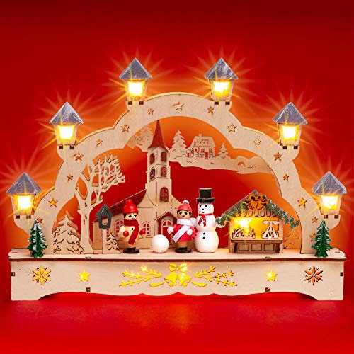 SIKORA LB70s Kleiner LED Holz Schwibbogen Dorfkirche mit Weihnachtsmarkt L: 27 cm