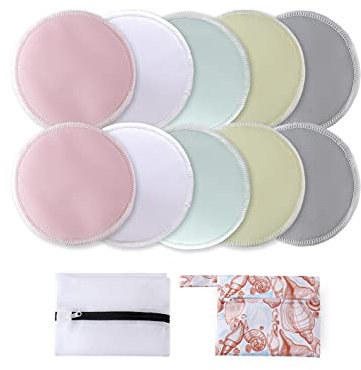 Organische Stilleinlagen - 10 Stück wiederverwendbare Stilleinlagen waschbar + Nassbeutel und Wäschesack - Stilleinlagen für auslaufende Milch - Bio-Bambus Stilleinlagen New Mom Geschenk