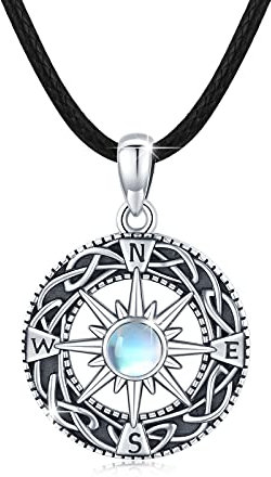 JFASHOP Kompass Kette Damen,925 Sterling Silber Mondstein Kompass Anhänger Halskette Keltische Herren Mondstein Amulett Weihnachten Thanksgiving für Mädchen Kinder Muttertags