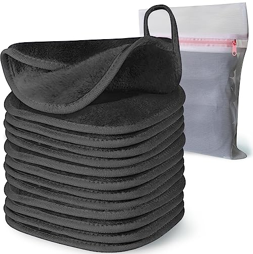 Makeup Remover Cloth, 6 x 6 Makeup Remover Towels Reusable Face Cloth for Washing Face, Makeup Remover Pads Microfiber Face Washcloth with Mesh Bag, 12 Pack, Grey