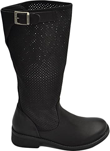 Stivali Donna Nero Ecopelle Altezza Biker Tinta Unita Traforato Polpaccio Morbido con Fibbia Gomma Antiscivolo Glam Moda (36 EU)
