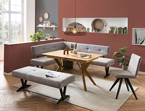 expendio Tischgruppe Esstisch Gerwin 1XL 130(180) x90 cm Eiche rustikal massiv + 2X Bank EDA 3 + 1x Stuhl Caja Bezug Kombi Natural Gray, kurzer Schenkel bei Eckbank:Links
