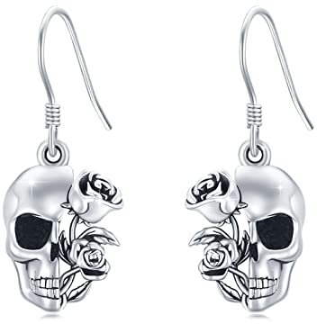 Totenkopf Ohrringe,925er Sterlingsilber Schädel Ohrstecker Totenkopf Rose Ohrringe Goth Ohrringe Hypoallergene Schmuck Halloween Geschenke für Damen Männer