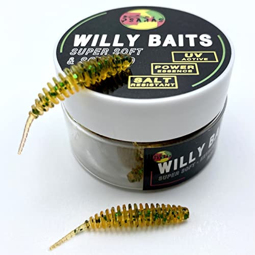 Psarás Forellen Aroma Softbaits Set Box - 38 mm - Trout Fishing Baits - Willy Baits (Hellbraun-grünglitter)