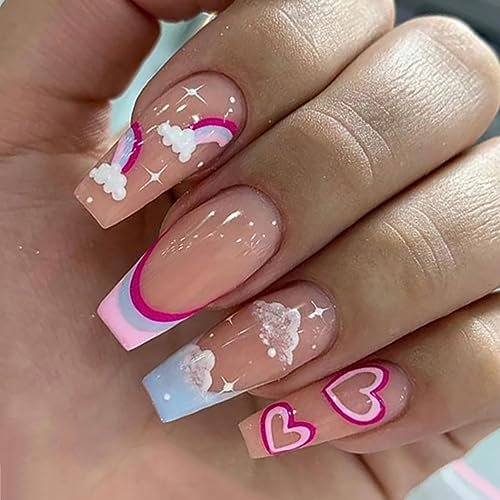 Brishow Coffin Long False Nails - Rainbow Cloud Press on Nails With Pink Heart Design - Ballerina Acrylic Stick on Nails 24pcs for Women and Girls