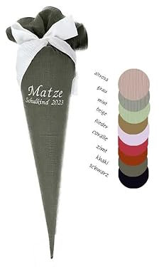 Glückspilz Musselin Schultüte mit Namen personalisiert, nostalgische Zuckertüte aus Stoff genäht, mit Kissen + Rohling, KHAKI