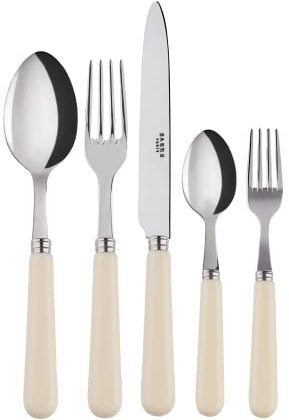 SABRE PARIS - Tafelbesteck-Set, 5-teilig - Pop - Messer, Gabel, Esslöffel, Teelöffel & Kuchengabel - Edelstahl & Acryl - Spülmaschinenfest - Elfenbeinfarbe