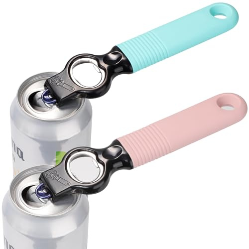 DUNLAGUE 2-in-1 Soda Can Tab & Beer Bottle Opener, Aqua & Pink, 2-Pack | Easy pull tab opener with soft silicone handle protects nails & arthritic hands. Great for bars, picnics, and outdoor events