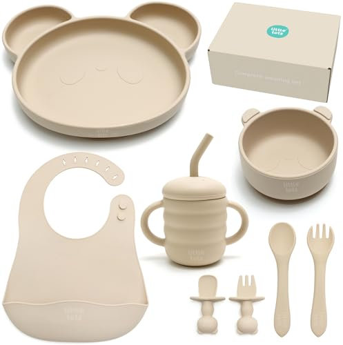 Baby Weaning Set by Little Tots® | Silicone Suction Plate, Suction Bowl, Bib, Sippy Cup + Straw, Toddler Spoon + Fork, Weaning Fork + Spoon | 8 Piece Feeding Set for Baby Led Weaning (Cream Cotton)