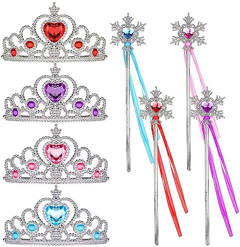 Prinzessin Krone Mädchen, Kinder Tiara und Stab 4 Set Kronen Party Kristall Kronprinzessin Dress Up Haarschmuck Geburtstag Tiara Geschenk für Mädchen 3-12 Jahre (Blau, Rosa, Lila und Rot)