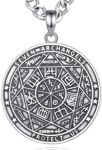 INFUSEU 7 Archanges Sceau Collier, Argent Sterling 925 Médaille Païenne Patron Pendentif Foi Chrétienne Angélique Bijoux Amour Divin Protection Bijoux Sceau Amulette Cadeaux pour Hommes