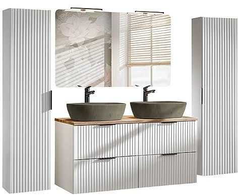 Lomadox Badezimmer Badmöbel Set matt weiß gerillt mit Eiche, 120 cm Doppelwaschtisch mit Keramik-Waschbecken, Spiegel mit LED-Beleuchtung & 2X Hochschrank