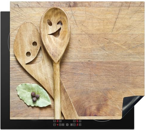 KitchenYeah© Cubre Vitrocerámica - Protector Vitroceramica Induccion 57x51 cm - Tapa Vitroceramica - Protector de Vitroceramica Madera - Cucharas - Marrón - Smiley