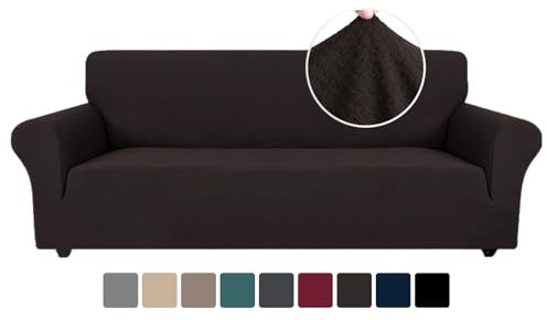 Ystyle Stretch Sofa überzug 3 Sitzer, Elastisch Sofabezug Mit Armlehnen, Jacquard Couch überzug rutschfest, Waschbar Sofa Cover Protector Für Hunde Haustiere, Kaffee