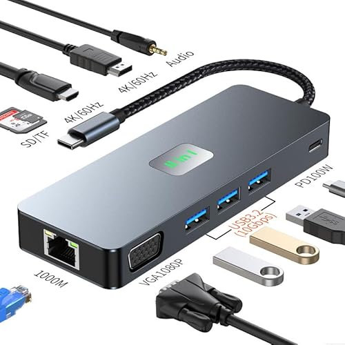 Hub USB C, USB Docking Station USB-C Adaptateur 11-in-1 multiport pour MacBook Pro Air M1, 4K 60Hz HDTV, 3 USB 3.2 10Gbps, VGA, Ethernet LAN, 100WPD, pour iPad & Autres appareils Type-C