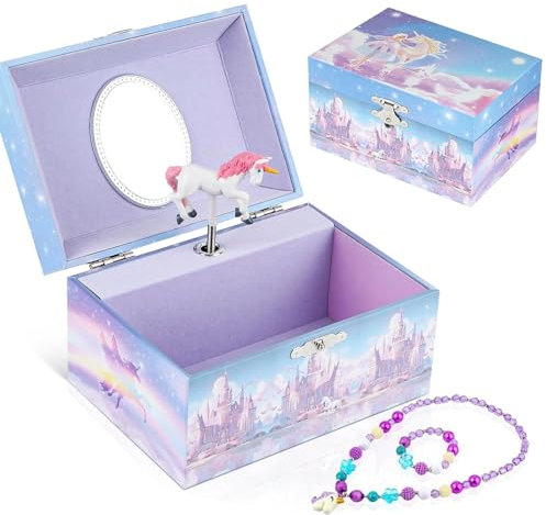 Homtibrm Musik-Schmuckschatulle für Mädchen Mit Einhorn-Schmuckset und Spieluhr, Kinder-Schmuckbox Mit Drehbarem Einhorn, Geburtstagsgeschenk Mit Verträumter Melodie