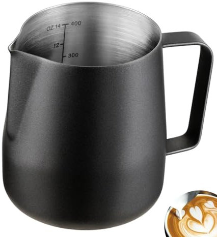 Wrobic Milchkännchen, Milk Pitcher 400ml 12 fl.oz. Milchkanne aus Edelstahl, Milch Aufschäumen für Cappuccino und Latté, Embossed Scale, Schwarz