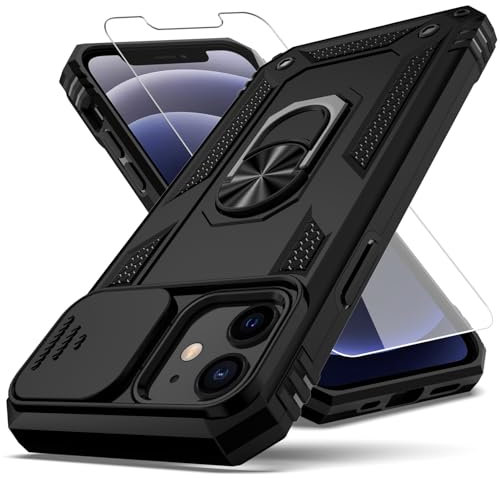 YZOK for iPhone 12 Case,with Camera Lens Cover HD Screen Protector,[Military Grade] Ring Car Mount Kickstand Hybrid Hard PC Soft TPU Shockproof Protective Case for iPhone 12, Black
