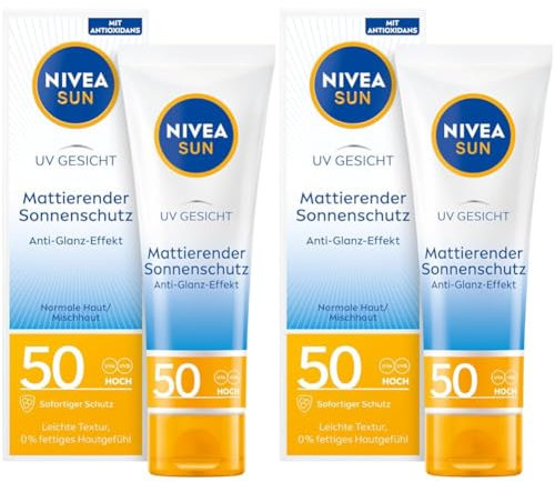 NIVEA SUN UV Gesicht Mattierender Sonnenschutz LSF 50 (50 ml), nicht fettende Sonnencreme für das Gesicht, sofort wirksame Sonnenmilch mit leichter Textur (Packung mit 2)