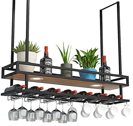 Hängendes Weinglasregal mit Lichtern – Deckenregal aus schwarzem Metall für Bar, Café und Küche, industrieller Weinflaschenhalter und Glashalter-Regal – von Decken-Weinglasregal