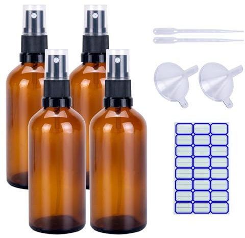 4 Amber Glass Spray Bottles - 100ml, Brown Glass, Small Travel Bottles for Toiletries