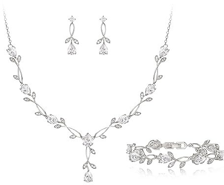 EVER FAITH Hochzeit Schmuck Set für Braut Brautjungfer, Klar Silber-Ton Teardrop Cubic Zirkonia Blatt Rebe Prom Halskette baumeln Ohrringe Armband für Damen