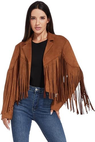 Fahsyee Damen Kunstleder Wildlederimitat Fransenjacke Cowgirl Mantel S-XXL | Cropped Western Outfit mit fransen Vegan für Country-Konzert