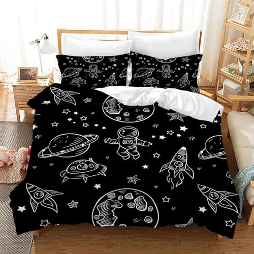 Leleyouzer Rakete Astronaut Bettwäsche Set,Kosmischer Weltraum Planet Raumschiff Muster Bettbezug,Mikrofaser Kinderbettwäsche Set mit 2 Kopfkissenbezügen 50 x 75cm (Astronaut 2, 135×200 cm)