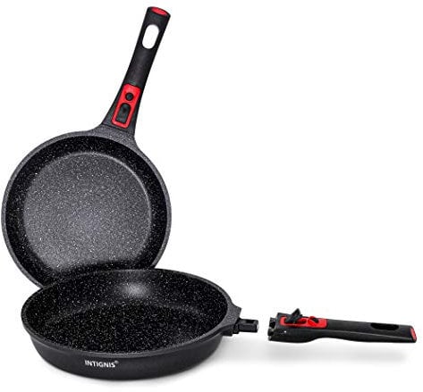 INTIGNIS Poêle à frire antiadhésive avec poignée amovible | Résistante aux rayures et durable | Compatible avec l'induction avec base en acier inoxydable (Frying Pans SET)