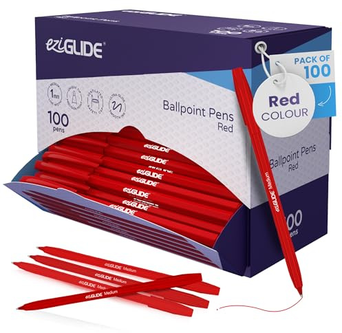 Eziglide Ballpoint Red Pens, Medium Point Nib (1.0mm), 100-Pack | Smooth Writing & Easy Grip – Quick-Dry Ink, Multipack Ideal for Home, Office, School, Exams, Work, & Everyday Writing Needs
