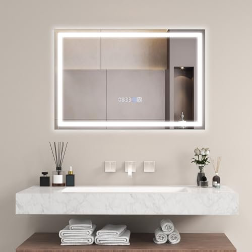 COSTWAY Badspiegel mit Beleuchtung, 75 x 50 cm LED Spiegel dimmbar 3000K-6000K, Anti-beschlag Badezimmerspiegel mit Uhr, Touchschalter & Memory-Funktion, Wandspiegel rechteckig