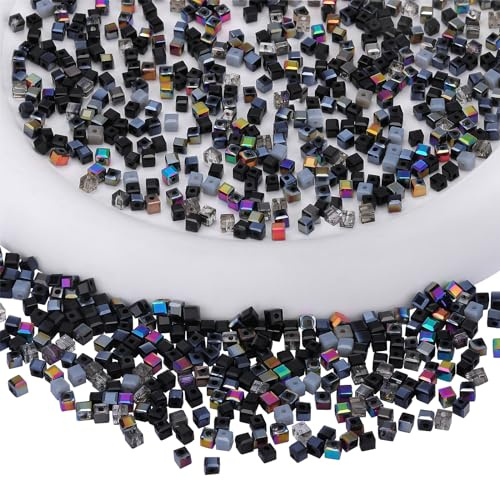 BEEFLYING Bunte Glasperlen Zum Auffädeln für Armbänder, 200 Stk Schwarz | 3 mm Mini Bastelperlen Kleine Kristall Perlen Würfel Set, für Armbänder Halsketten Schmuckherstellung