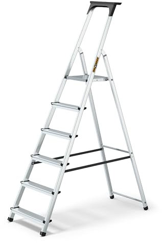 DRABEST 6 Step Ladder Folding - Aluminum Folding Ladder - Lader with a Tool Shelf & Work Platform - Stepladders 6 tread - Capacity 125 KG - Multi-Purpose Ladders - 47x191x11cm